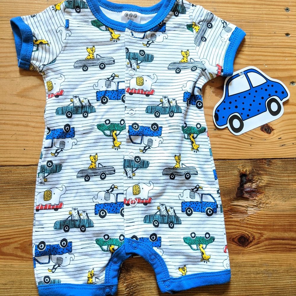 CJP Baby Onesie Boy Animal Car Print 0-3 MO NWT